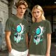 Olive T-Shirt with Astronaut Cat and Fish Graphic Print