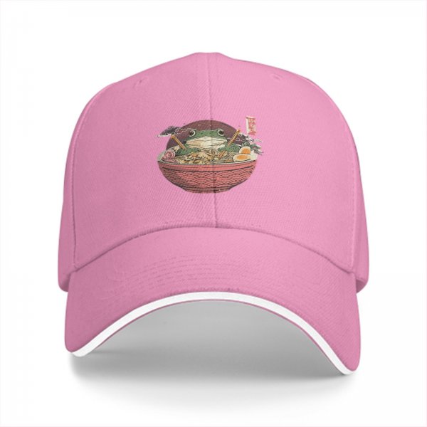 Black baseball cap with frog in ramen bowl graphic