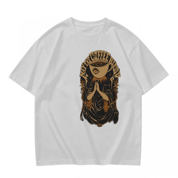 Olive green t-shirt with Pray the Coffee Brew graphic print