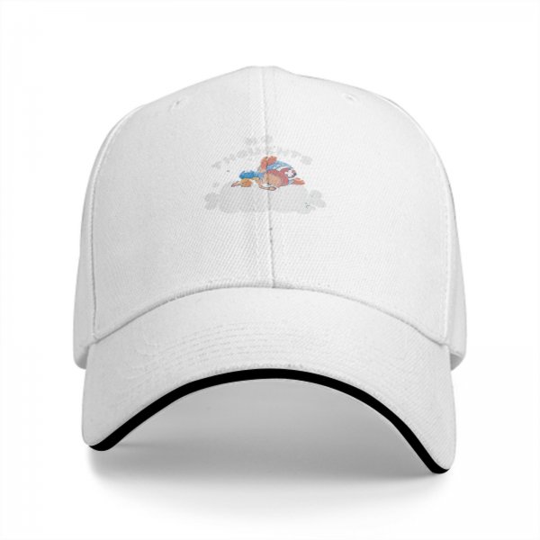 Black baseball cap with no thoughts sleeping character on cloud graphic