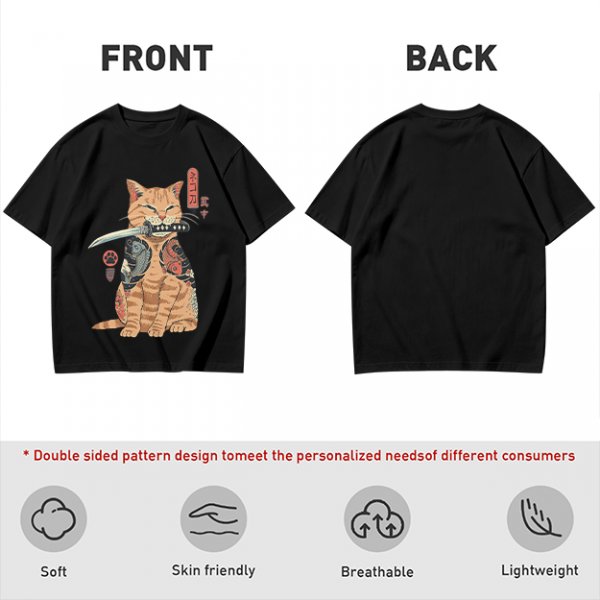 Olive T-Shirt With Samurai Cat Holding Katana And Koi Tattoos