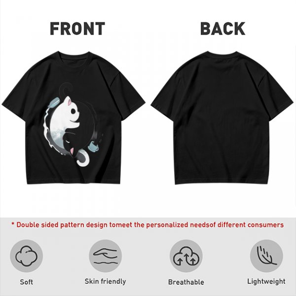 Olive T-Shirt with Yin Yang Cats and Spilled Coffee Cups Print