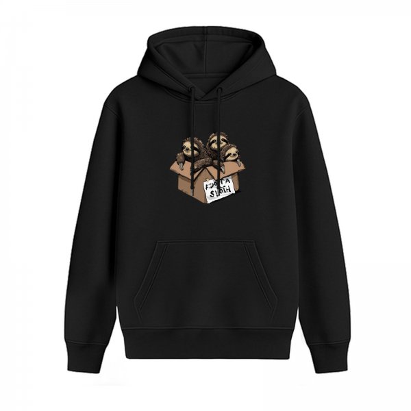 Black hoodie with three sloths in a cardboard box that says Adopt a Sloth