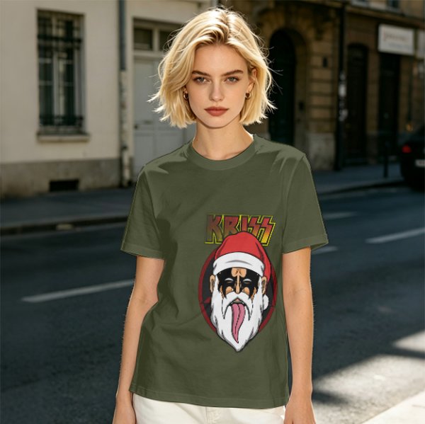 Olive T-Shirt with Kriss Santa Rock Band Graphic Print