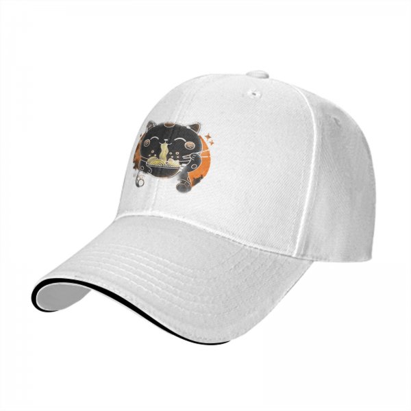 Black Baseball Cap With Cute Maneki-neko Cat Eating Ramen Design