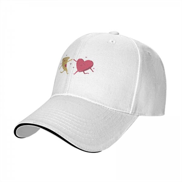 Black baseball cap with dancing pizza slice and pink heart design