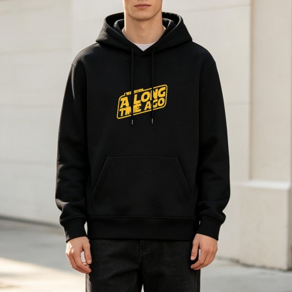 Black hoodie with 'A Long Time Ago' Star Wars style graphic