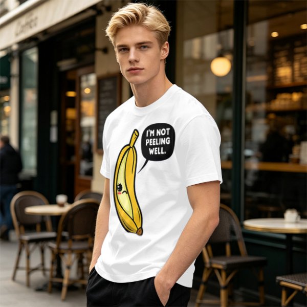 Olive T-shirt with sad banana graphic reading I'm not peeling well