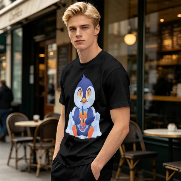 Olive T-shirt with Cute Penguin Drinking Boba Tea Print