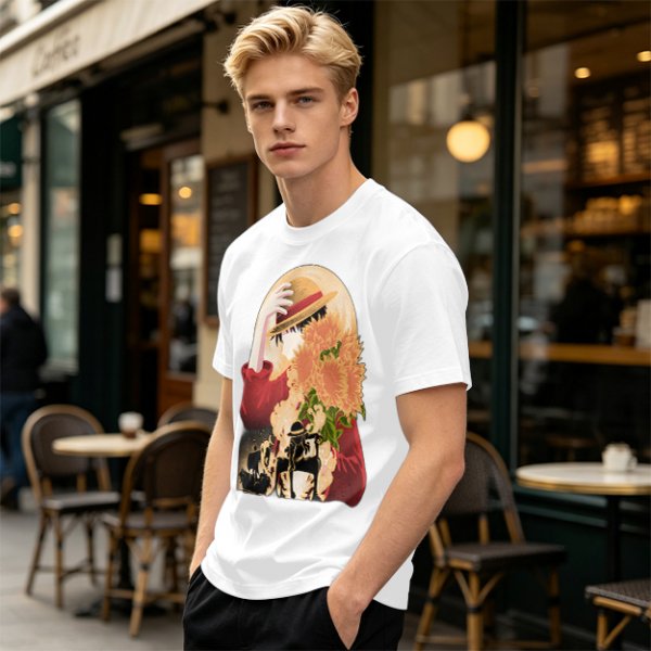 Olive anime graphic t-shirt with straw hat and sunflowers
