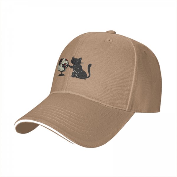 Black Baseball Cap With Cat Reaching For Globe Print
