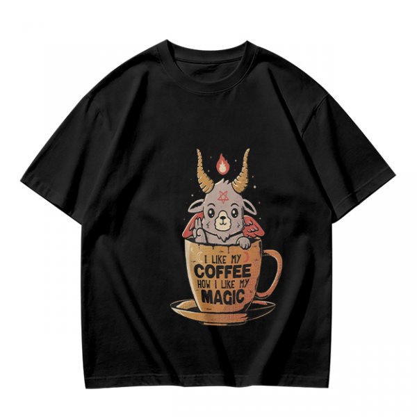 Olive t-shirt with cute Baphomet coffee magic print