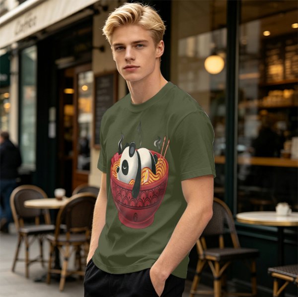 Olive green t-shirt with a panda relaxing in a steaming ramen bowl print
