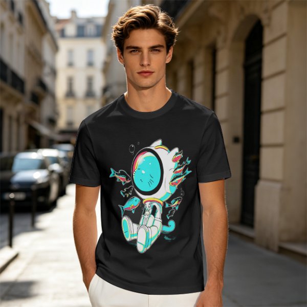 Olive T-Shirt with Astronaut Cat and Fish Graphic Print