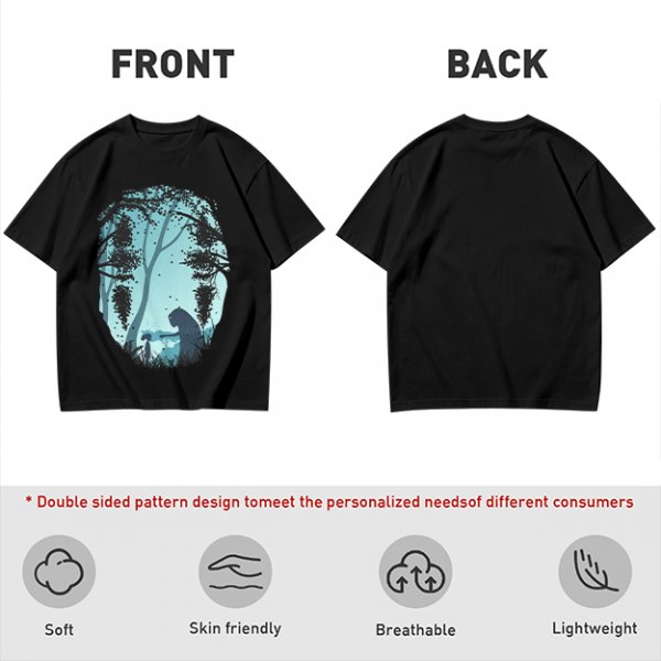 Olive T-Shirt With Silhouetted Forest Scene And Two Figures
