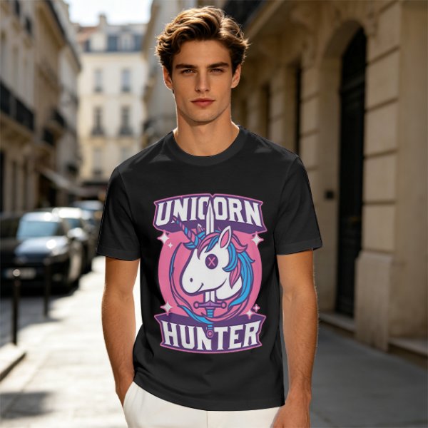 Unicorn Hunter Graphic Tee with Sword and Sparkle Design