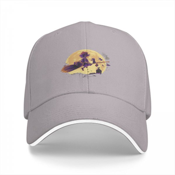 Black Baseball Cap With Witch Riding Broom Full Moon Halloween Art