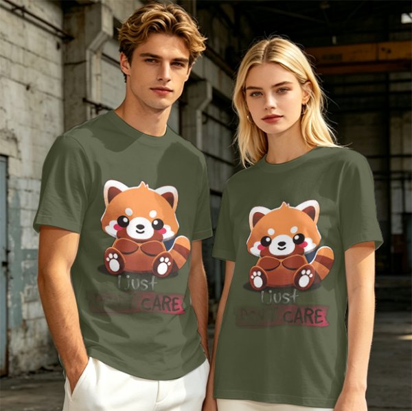 Olive T-Shirt with Cute Red Panda and I Just Don't Care Print