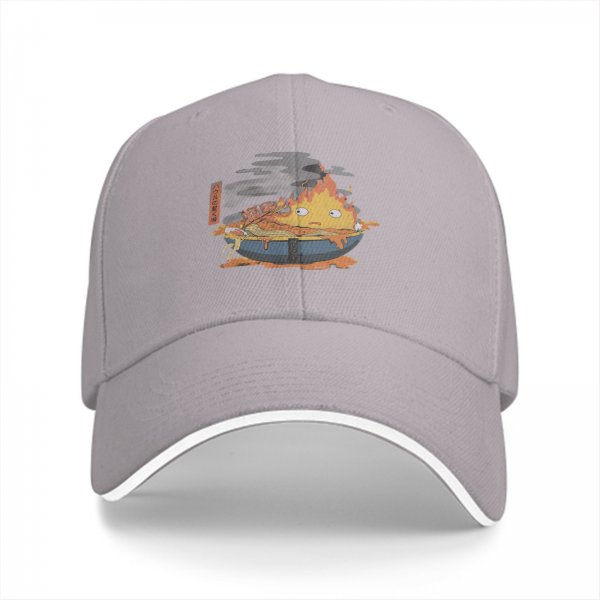 Black baseball cap with anime fire demon ramen bowl graphic