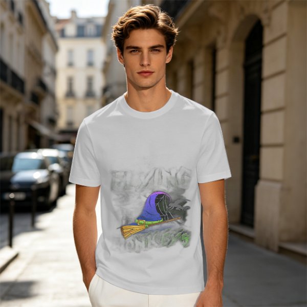 Olive T-Shirt with Witch Hat and Broom Halloween Graphic