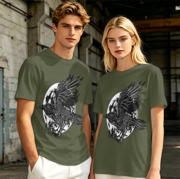 Olive Graphic T-Shirt with Mechanical Raven and Full Moon Print