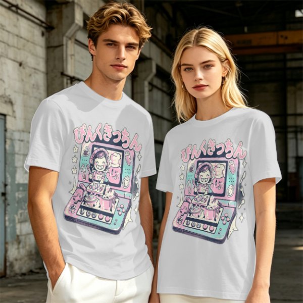 Olive green graphic t-shirt with cute handheld game kitchen art