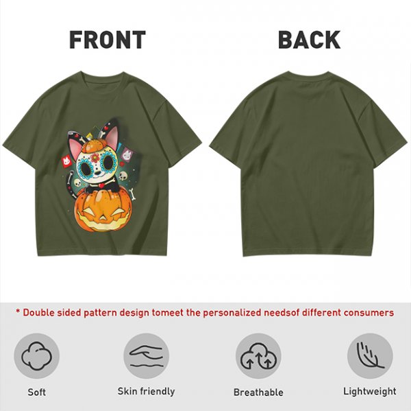 Olive t-shirt with sugar skull cat on jack-o'-lantern