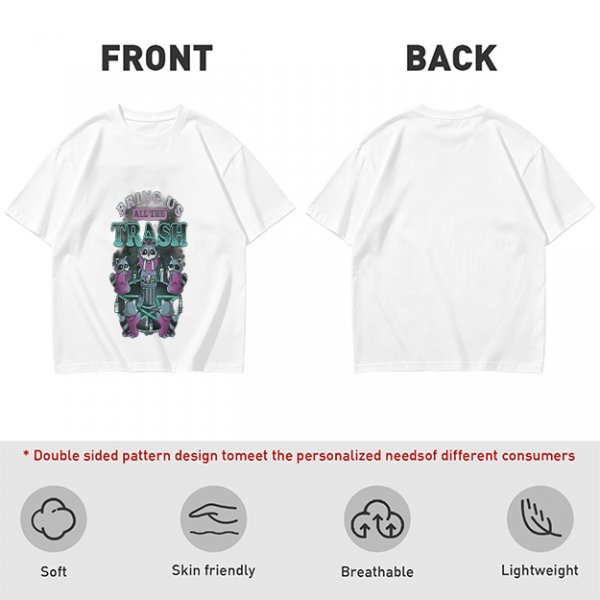 Olive graphic t-shirt with raccoons and 'Bring Us All The Trash' text