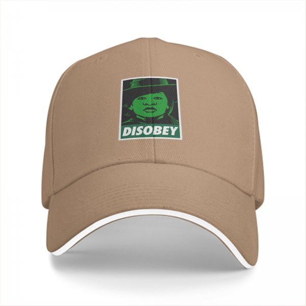 Black baseball cap with green 'DISOBEY' portrait graphic
