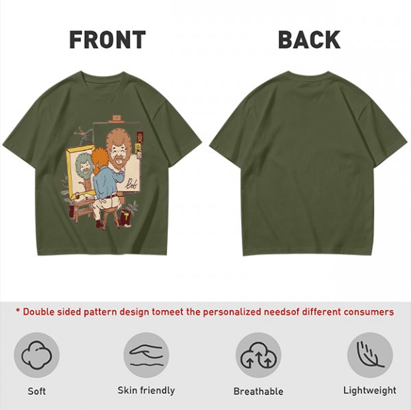 Olive Green T-Shirt With Cartoon Artist Painting Self Portrait Artwork