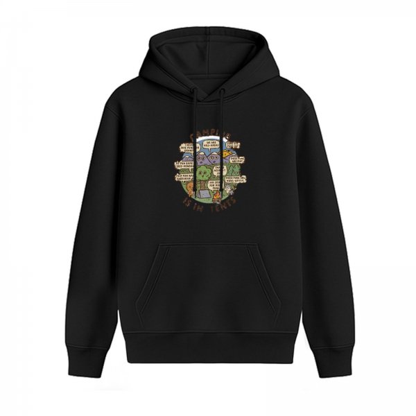 Black Hoodie With Camping Themed Cartoon Graphic Print