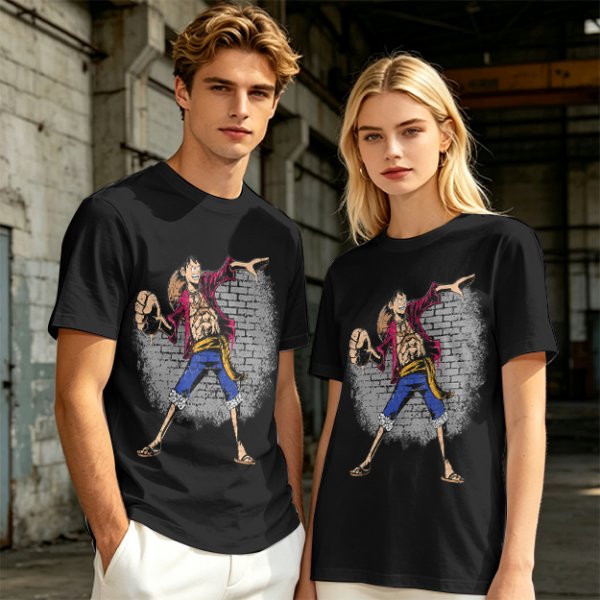 Olive T-Shirt with Monkey D Luffy Breaking Through Brick Wall Art