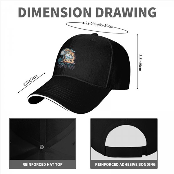 Black baseball cap with tangled orange cat and yarn it graphic