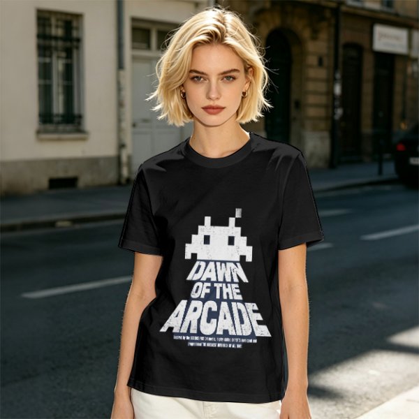 Olive T-Shirt with Retro Arcade Space Invader Graphic and Dawn of the Arcade Text