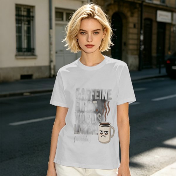 Olive t-shirt with 'Caffeine First Words Later' grumpy coffee mug print