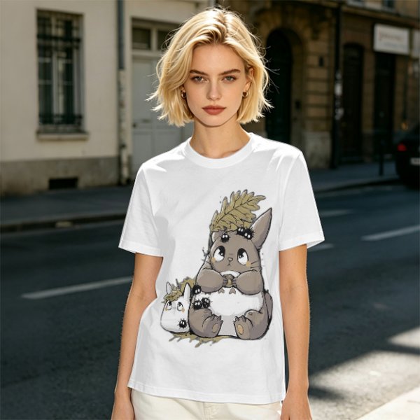 Olive T-Shirt With Cute Totoro And Soot Sprite Anime Print