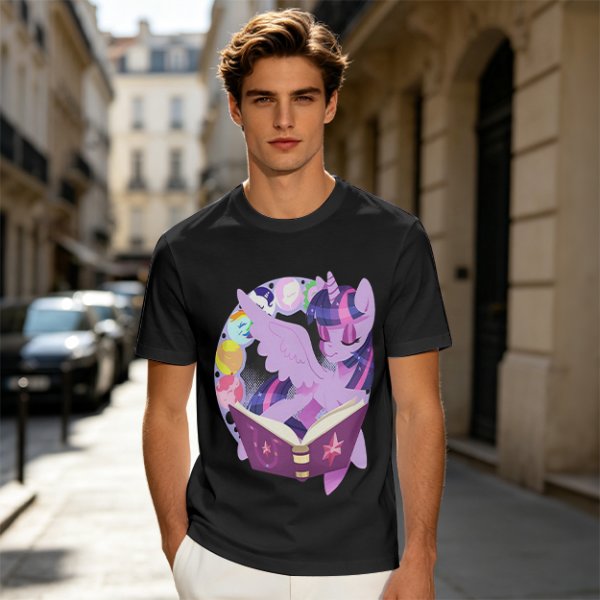 Olive T-shirt with Twilight Sparkle reading a magical book