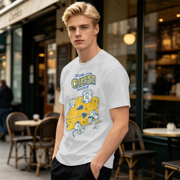 Olive graphic t-shirt with 'Relax and Cheese the Day' and mice on cheese
