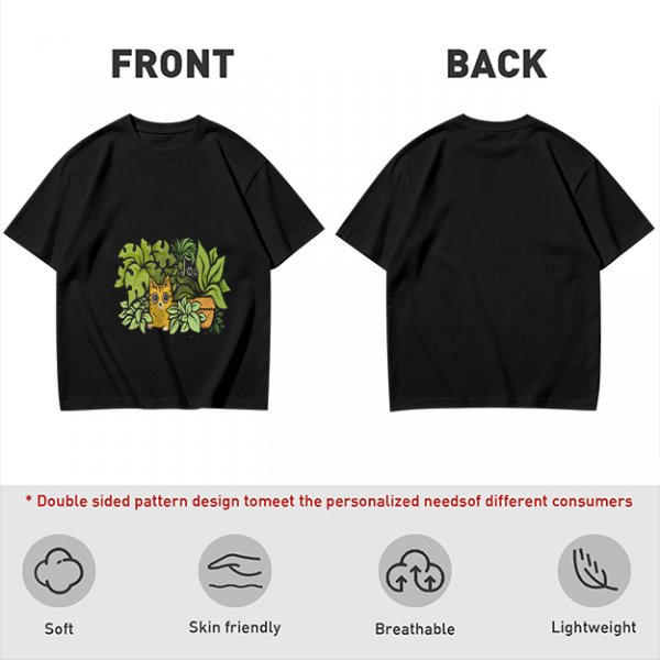 Olive T-Shirt With Playful Cat And House Plants Graphic