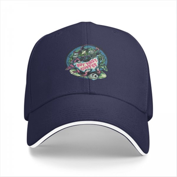Black Baseball Cap With 'But First Coffee' Halloween Themed Print