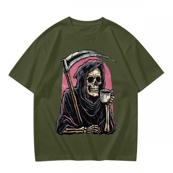 Olive T-Shirt Featuring Grim Reaper Holding Coffee and Scythe