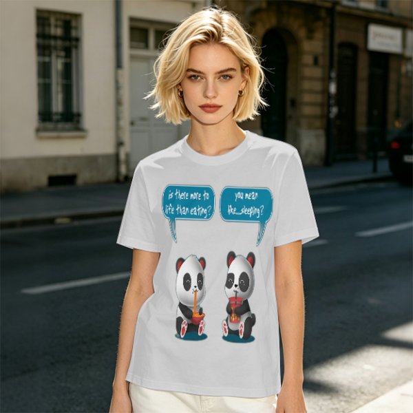Olive t-shirt with pandas discussing life beyond eating and sleeping