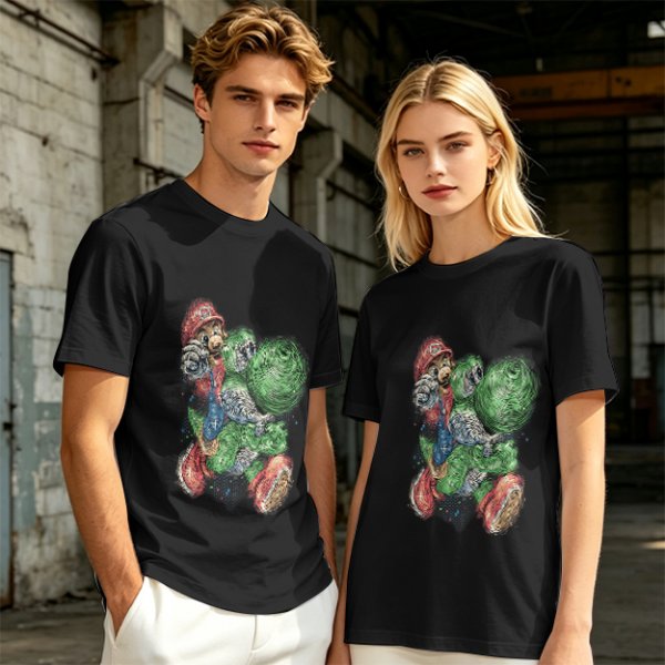 Olive T-shirt with Mario and Yoshi artistic graphic print
