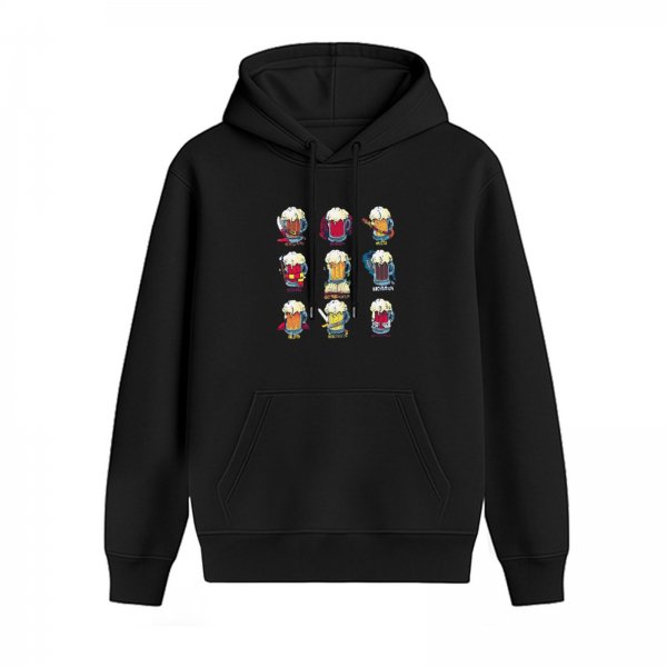 Black Hoodie With Superhero Themed Beer Mugs Print