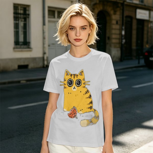 Olive T-Shirt With Cute Surprised Orange Tabby Cat Holding Meat Print