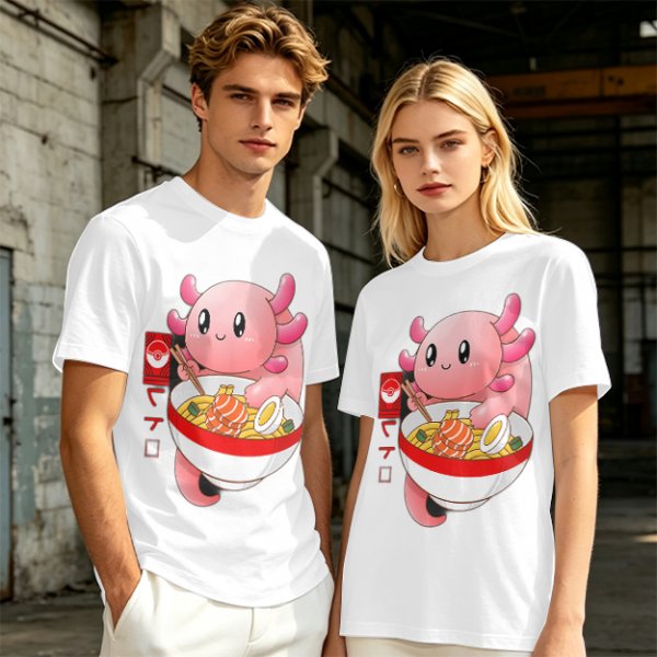 Olive T-Shirt Featuring a Cute Pink Axolotl Eating Ramen