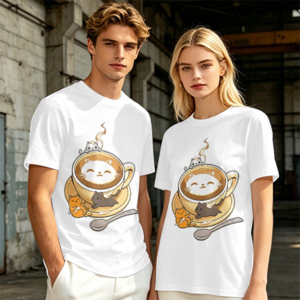Olive Green T-Shirt With Cute Cat Latte Art And Kittens Print