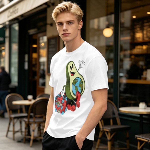 Olive T-Shirt with Cartoon Avocado Globe Travel Print