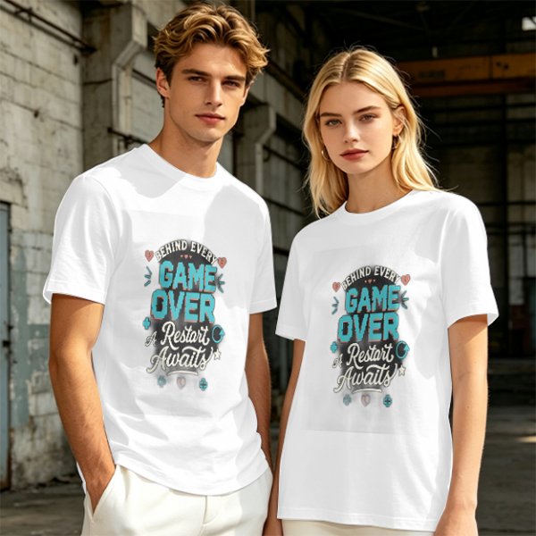Olive t-shirt with 'Behind Every Game Over A Restart Awaits' gaming print