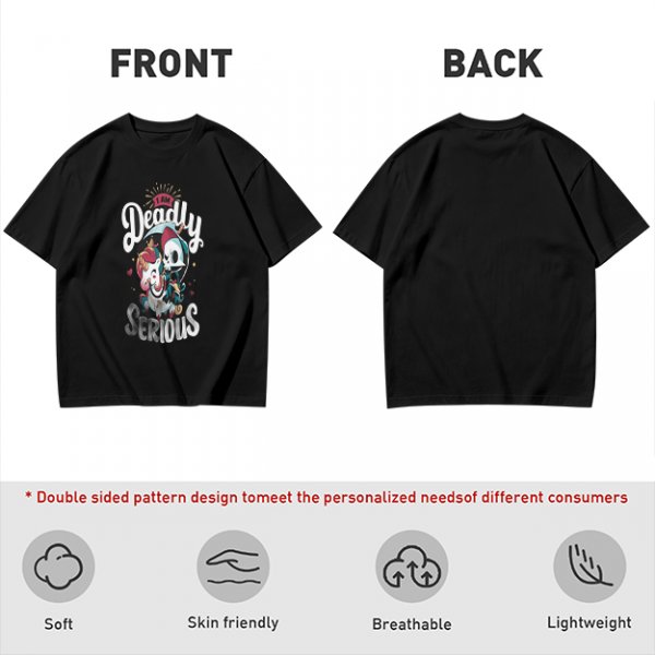 Olive graphic t-shirt with 'I Am Deadly Serious' and unicorn grim reaper art